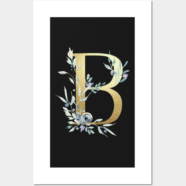 B - Gold Monogram Letter with Watercolor Flowers Wall Art by GDCdesigns